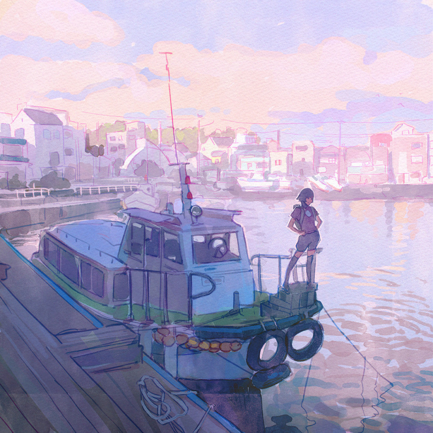 1girl backpack bag black_hair boat building hands_on_hips harbor ilya_kuvshinov image_sample original outdoors scenery short_hair solo standing thigh-highs tumblr_sample watercraft