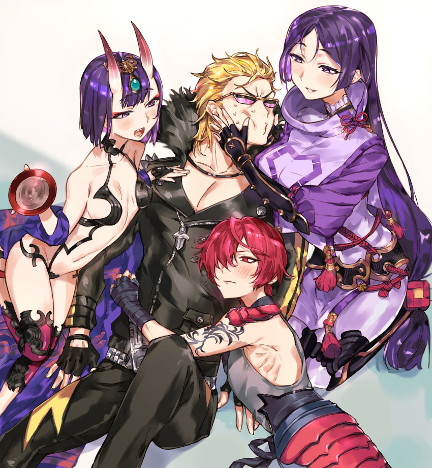 2boys 2girls alcohol bangs blonde_hair blush bodysuit breasts commentary_request cup fate/grand_order fate_(series) fingerless_gloves fuuma_kotarou_(fate/grand_order) gloves hands_on_another's_face highres horns huge_breasts jacket japanese_clothes jewelry kimono large_breasts leather leather_jacket long_hair long_sleeves looking_at_another minamoto_no_raikou_(fate/grand_order) multiple_boys multiple_girls navel nekoremon oni oni_horns open_mouth parted_bangs purple_hair red_eyes redhead sakazuki sake seiza shirt short_hair shuten_douji_(fate/grand_order) sitting sleeveless sleeveless_shirt small_breasts smile sunglasses sweatdrop tattoo very_long_hair violet_eyes white_background