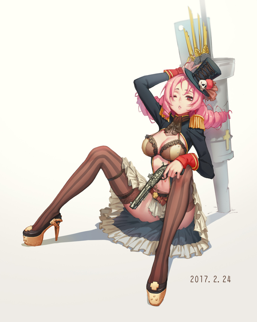 1girl absurdres black_hat black_legwear breasts character_request cleavage copyright_request drill_hair gun hat high_heels highres holding holding_gun holding_weapon large_breasts long_sleeves looking_at_viewer luode_huayuan medium_hair navel one_eye_closed parted_lips pink_hair sitting skull solo steampunk thigh-highs top_hat twintails weapon