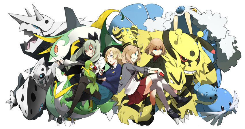 anchovy anzio_school_uniform bangs black_cape black_legwear black_necktie black_ribbon black_shoes black_skirt blazer blonde_hair blouse blue_eyes blue_shoes blue_skirt blue_sweater braid cape character_request cup darjeeling dress_shirt drill_hair emblem girls_und_panzer green_hair green_jacket grey_jacket grin hair_intakes hair_ribbon highres holding jacket katyusha kay_(girls_und_panzer) loafers long_hair long_sleeves looking_at_another miniskirt necktie one_eye_closed open_clothes open_jacket orihika pantyhose parted_lips pleated_skirt poke_ball pokemon pokemon_(creature) pravda_school_uniform red_eyes red_shirt red_skirt ribbon riding_crop saucer saunders_school_uniform school_uniform shirt shoes short_hair simple_background sitting skirt sleeves_rolled_up smile sneakers st._gloriana's_school_uniform standing sweater teacup thigh-highs tied_hair turtleneck twin_braids twin_drills twintails v-neck white_background white_blouse white_legwear white_shirt