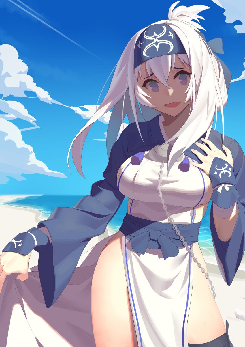 1girl absurdres ainu_clothes black_legwear blue_eyes blush breasts clouds commentary_request cropped_jacket day dress flower folded_ponytail hair_flower hair_ornament headband highres hydrangea kamoi_(kantai_collection) kantai_collection large_breasts lifted_by_self long_hair long_sleeves looking_at_viewer open_mouth pelvic_curtain sideboob sidelocks sky small_gyaku_(cyjalway) thick_eyebrows thigh-highs white_dress white_hair wrist_guards