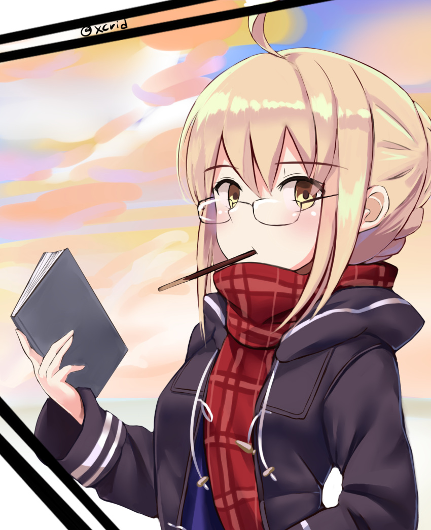 1girl bangs blonde_hair book braid closed_mouth coat duffel_coat eyebrows_visible_through_hair fate/grand_order fate_(series) food french_braid glasses heroine_x heroine_x_(alter) highres holding holding_book i.f.s.f looking_at_viewer mouth_hold open_clothes open_coat plaid plaid_scarf pocky red_scarf rimless_glasses saber scarf sidelocks solo twitter_username upper_body yellow_eyes