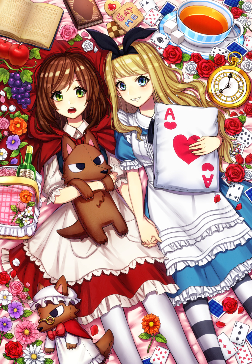 2girls ace_of_hearts alice_in_wonderland animal_ears apple black_legwear blonde_hair blue_eyes blush book brown_hair card clock cup fake_animal_ears flower food fruit glasses grapes green_eyes hairband hand_holding hat highres holding holding_pillow holding_stuffed_animal kiritani846 little_red_riding_hood long_hair looking_at_viewer lying mob_cap multiple_girls on_back open_book open_mouth original pillow plate playing_card puffy_short_sleeves puffy_sleeves rabbit_ears short_hair short_sleeves smile striped striped_legwear stuffed_animal stuffed_toy stuffed_wolf tea teacup teeth thigh-highs white_legwear