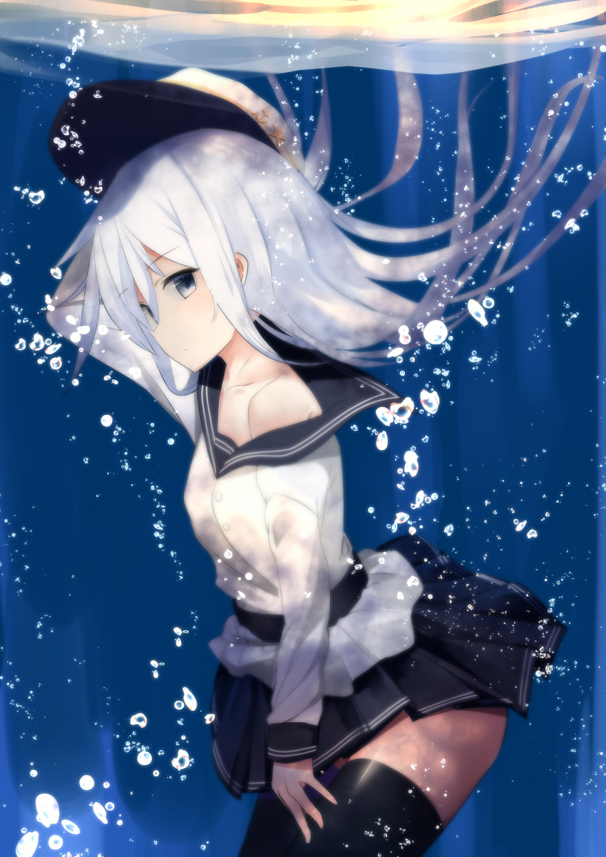 1girl arm_up bangs belt black_belt black_legwear black_skirt bubble closed_mouth collarbone cowboy_shot day expressionless eyebrows_visible_through_hair flat_cap floating_hair from_side grey_eyes hammer_and_sickle hat hibiki_(kantai_collection) highres kantai_collection long_hair long_sleeves looking_at_viewer looking_to_the_side odeclea off_shoulder outdoors pleated_skirt school_uniform serafuku side_glance silver_hair skirt skirt_tug solo star sunlight thigh-highs underwater verniy_(kantai_collection) white_hat