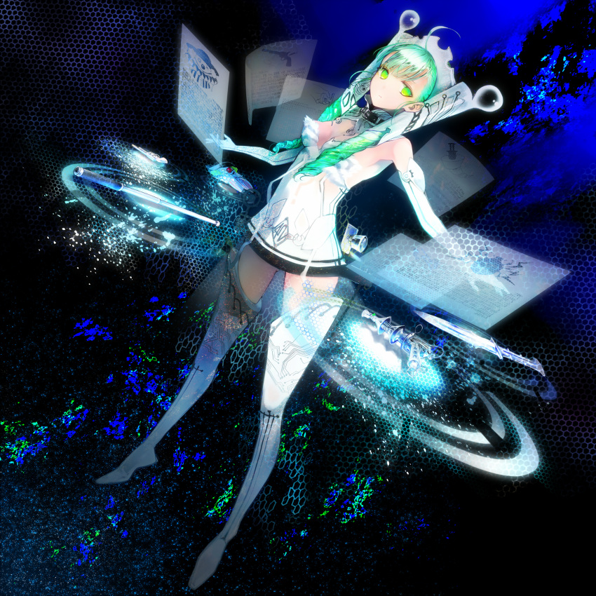 1girl ahoge boots breasts cleavage drill_hair elbow_gloves full_body gloves green_eyes green_hair highres long_hair looking_at_viewer medium_breasts original outstretched_arms science_fiction sleeveless solo standing strapless suspender_boots thigh-highs thigh_boots twin_drills ukai_saki white_boots white_gloves