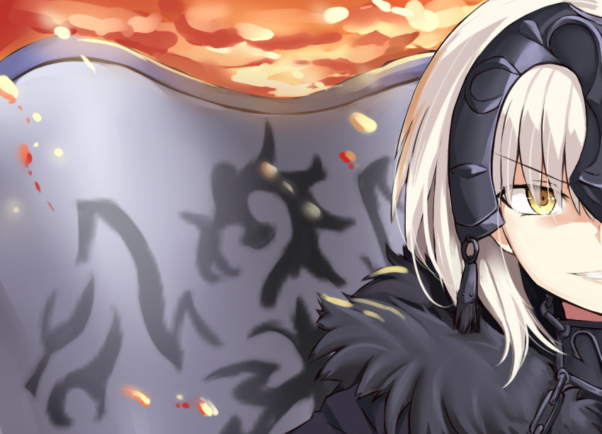 1girl bangs chains eyebrows_visible_through_hair fate/grand_order fate_(series) fur_trim grey_hair headpiece i.f.s.f jeanne_alter looking_at_viewer out_of_frame parted_lips ruler_(fate/apocrypha) smile solo standard_bearer upper_body yellow_eyes