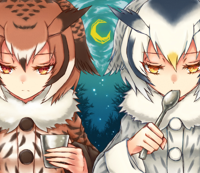 2girls bangs black_hair blonde_hair blue_hair brown_coat brown_hair clouds coat crescent_moon cup eurasian_eagle_owl_(kemono_friends) expressionless fur_trim gradient_eyes grey_coat half-closed_eyes highres holding holding_cup holding_spoon kemono_friends kyuuponkuku light_particles looking_down maroon_eyes moon multicolored multicolored_eyes multicolored_hair multiple_girls night night_sky northern_white-faced_owl_(kemono_friends) silhouette silver_hair sky spoon_in_mouth streaked_hair tree two-tone_hair upper_body white_hair yellow_eyes