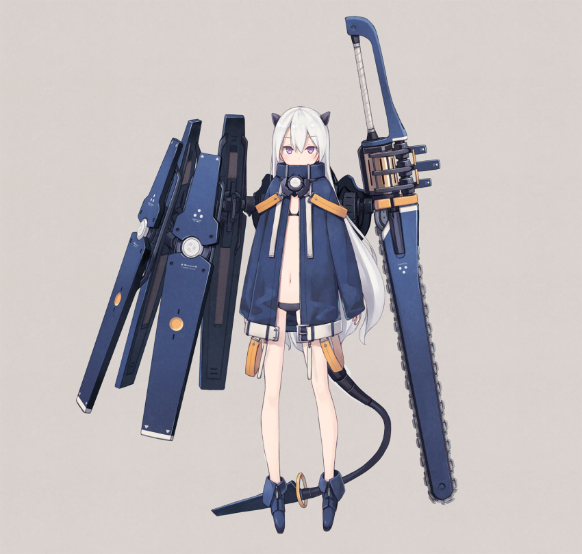 1girl bangs beige_background chainsaw covered_mouth eyebrows_visible_through_hair full_body grey_hair gun hair_between_eyes handgun highres jacket legs_apart long_hair looking_at_viewer mecha_musume navel open_clothes open_jacket original poco_(asahi_age) revolver simple_background skinny solo standing suspenders sword tail violet_eyes weapon