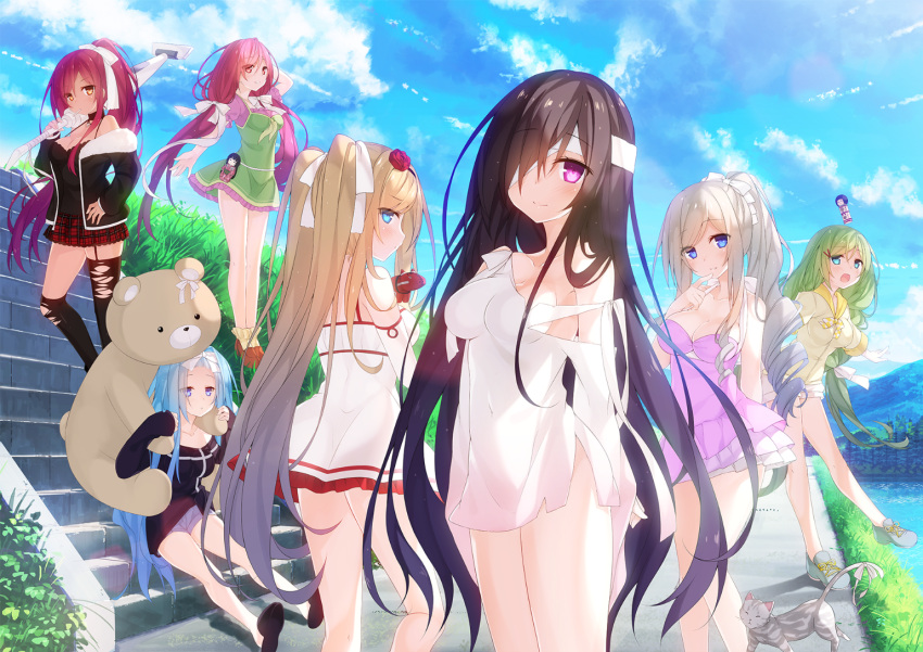 6+girls arm_up artist_request asymmetrical_legwear bandage_over_one_eye black_hair black_hairband black_legwear black_shirt blonde_hair blue_eyes blue_hair blush breasts cat choker cleavage clouds cloudy_sky collarbone copyright_request day detached_sleeves dress floating_hair flower full_body garter_straps green_dress green_hair hair_flower hair_ornament hair_ribbon hairband hand_on_hip high_ponytail holding large_breasts layered_dress layered_skirt long_hair looking_at_viewer looking_back medium_breasts miniskirt multiple_girls open_mouth orange_eyes outdoors pinafore_dress pink_dress purple_shorts red_flower red_skirt ribbon shirt short_dress short_shorts short_sleeves shorts sideboob sitting skirt sky sleeveless sleeveless_dress smile standing strapless strapless_dress stuffed_animal stuffed_toy sundress teddy_bear thigh-highs torn_clothes torn_thighhighs twintails very_long_hair violet_eyes white_dress white_ribbon white_skirt
