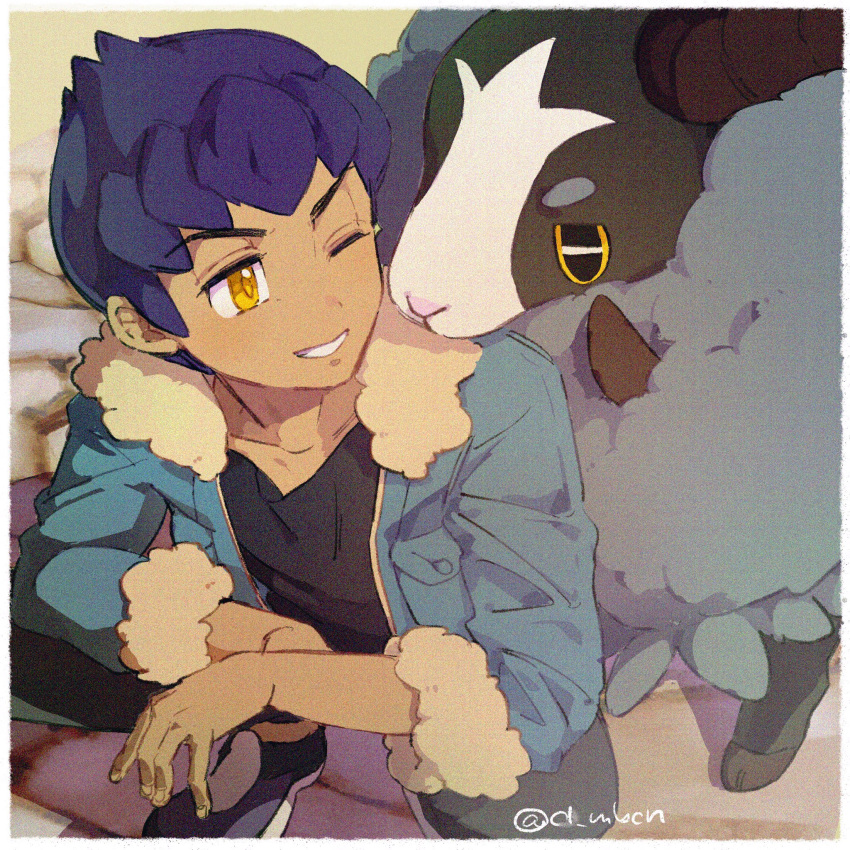 1boy black_pants black_shirt blue_jacket border dark-skinned_male dark_skin dubwool fur-trimmed_jacket fur_trim gen_8_pokemon grin highres hop_(pokemon) jacket male_focus mobuchin one_eye_closed open_clothes open_jacket pants pokemon pokemon_(creature) pokemon_(game) pokemon_swsh purple_hair shirt shoes short_hair sleeves_past_elbows smile squatting teeth white_border yellow_eyes