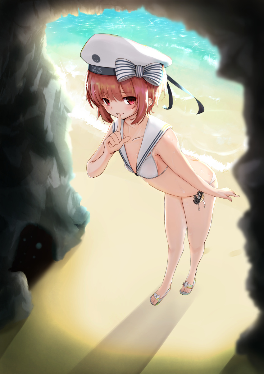 1girl ass beach beret bikini bow breasts butt_crack eyebrows_visible_through_hair finger_to_mouth hat highres index_finger_raised kamome_donburi kantai_collection red_eyes redhead sailor_collar sand sandals short_hair small_breasts solo standing striped striped_bow swimsuit white_bikini z3_max_schultz_(kantai_collection)