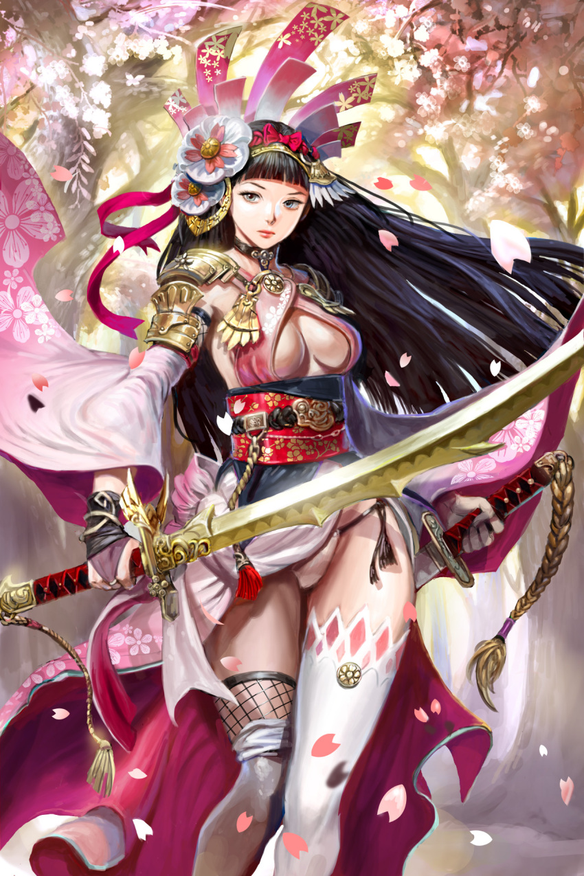 1girl bangs black_hair blunt_bangs breasts cherry_blossoms choker cleavage copyright_request day detached_sleeves dual_wielding fishnets floral_print flower full_body ggozira grey_eyes hair_flower hair_ornament hairband highres holding holding_sword holding_weapon katana long_hair medium_breasts outdoors petals solo standing sword thigh-highs weapon white_legwear