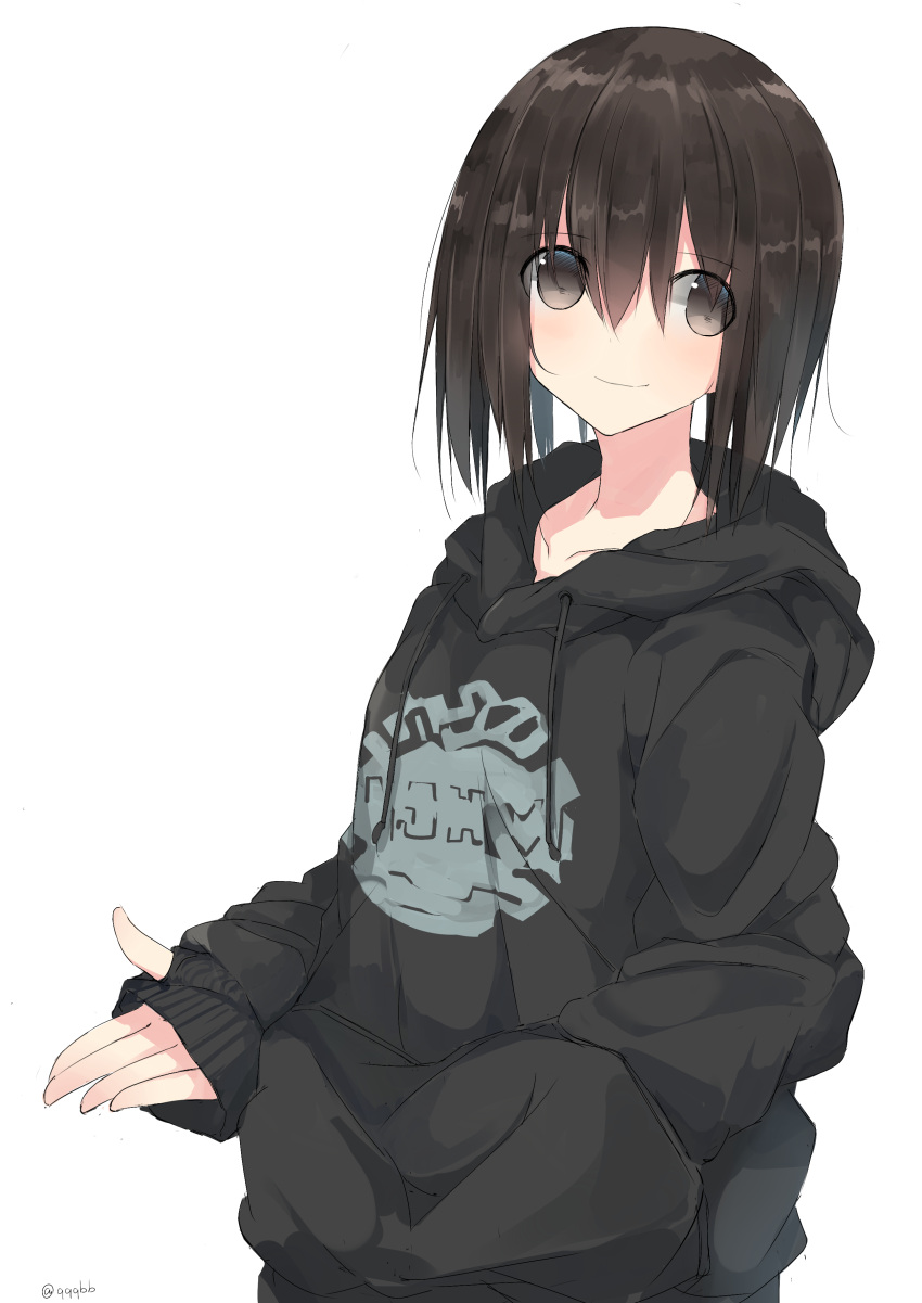 1girl absurdres bangs closed_mouth collarbone eyebrows_visible_through_hair grey_background hair_between_eyes hand_in_pocket highres hood hoodie looking_at_viewer nao_(qqqbb) original outstretched_hand short_hair simple_background sleeves_past_wrists smile solo twitter_username upper_body
