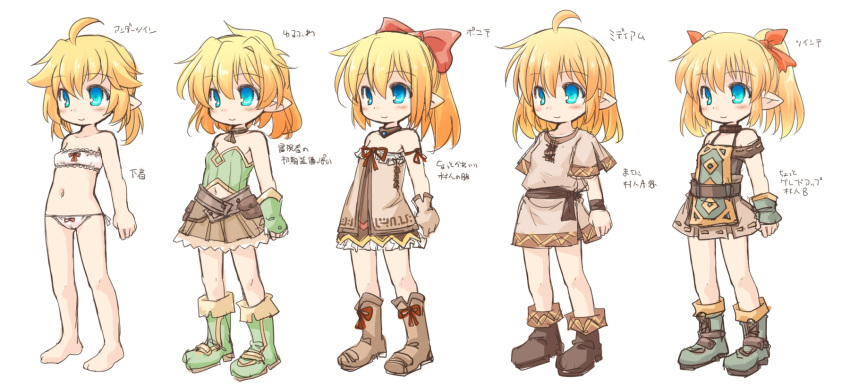 1girl ahoge bare_shoulders blonde_hair blue_eyes boots bow chibi choker dress elf full_body gloves hair_bow hair_ribbon highres kso long_hair looking_at_viewer low_twintails multiple_views navel original partially_translated pointy_ears pouch ribbon sash simple_background sketch skirt sleeveless smile translation_request tunic twintails underwear underwear_only variations white_background