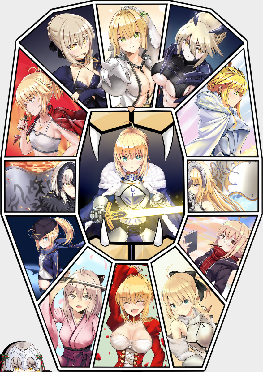 6+girls :d :t ^_^ absurdres ahoge aqua_eyes arm_up armor artoria_pendragon_alter_(fate/grand_order) artoria_pendragon_lancer_(fate/grand_order) bandeau bangs baseball_cap bell between_breasts black_bow blonde_hair blue_eyes blue_scarf blush bodysuit book bow braid breastplate breasts bridal_veil chains chocolate_bar cleavage cloak closed_eyes closed_mouth coat collarbone covered_mouth crown duffel_coat eating epaulettes eyebrows_visible_through_hair fate/apocrypha fate/extra fate/extra_ccc fate/grand_order fate/stay_night fate/unlimited_codes fate_(series) faulds food foreshortening french_braid from_side fur_trim gauntlets glasses glint green_eyes grey_hair gym_uniform hair_between_eyes hair_bow hair_intakes half_updo hat headpiece heroine_x heroine_x_(alter) highres holding holding_book holding_sword holding_weapon i.f.s.f interlocked_fingers jacket jacket_on_shoulders japanese_clothes jeanne_alter jeanne_alter_(santa_lily)_(fate) juliet_sleeves katana kimono koha-ace large_breasts lock long_hair long_sleeves looking_at_viewer medium_breasts mouth_hold multiple_girls name_tag obi open_clothes open_coat open_jacket open_mouth open_track_jacket out_of_frame outstretched_arm own_hands_together parted_lips pauldrons peeking_out petals pink_kimono plaid plaid_scarf platinum_blonde pocky pointing pointing_at_viewer ponytail puffy_sleeves red_scarf rimless_glasses rojiura_satsuki:_chapter_heroine_sanctuary ruler_(fate/apocrypha) saber saber_alter saber_bride saber_extra saber_lily saber_lion saber_of_red sakura_saber sash scarf sidelocks smile standard_bearer sword teeth twitter_username under_boob unzipped upper_body veil weapon yellow_eyes