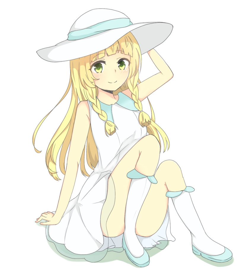 1girl bangs bare_shoulders blonde_hair blue_ribbon blue_shoes blunt_bangs blush braid breasts closed_mouth collared_dress convenient_leg dress eyebrows_visible_through_hair green_eyes hair_tie hand_on_headwear hand_rest hat hat_ribbon highres knee_up kneehighs lillie_(pokemon) long_hair pokemon pokemon_(game) pokemon_sm ribbon see-through shadow shoes simple_background sitting sleeveless sleeveless_dress small_breasts smile solo sun_hat sundress suzukaze_inori twin_braids white_background white_dress white_hat white_legwear