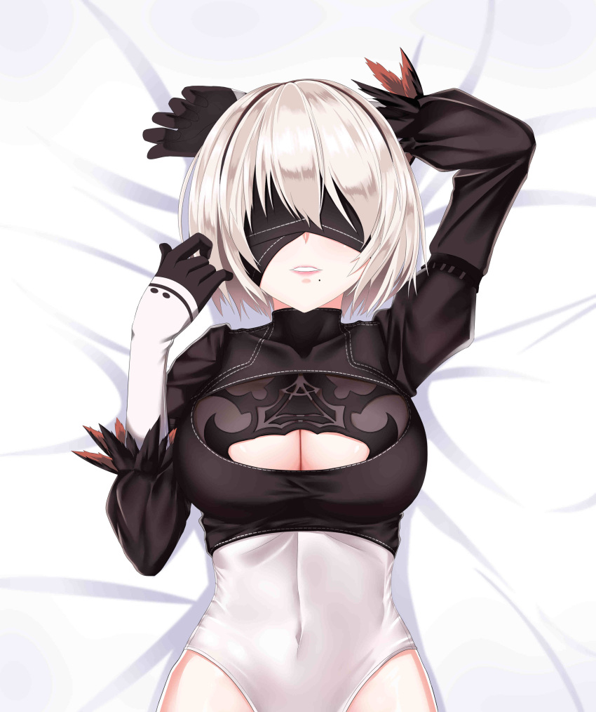 1girl absurdres arm_up bed_sheet black_gloves black_hairband black_shirt blindfold blush breasts cleavage cleavage_cutout covered_eyes covered_navel cropped_shirt dress feather-trimmed_sleeves feather_trim from_above gatari gloves hair_over_eyes hairband hand_up highleg highleg_leotard highres juliet_sleeves large_breasts leotard long_sleeves looking_at_viewer lying medium_breasts mole mole_under_mouth nier_(series) nier_automata nose on_back on_bed parted_lips pink_lips puffy_sleeves ribbon ribbon-trimmed_dress ribbon_trim shadow shirt short_hair silver_hair skirt skirt_removed smile solo teeth turtleneck upper_body vambraces white_leotard white_ribbon yorha_no._2_type_b