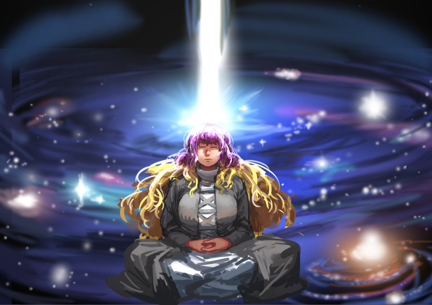 1girl black_dress blonde_hair breasts chanta_(ayatakaoisii) closed_eyes dress galaxy hands_together hijiri_byakuren huge_breasts indian_style layered_dress light_beam long_hair long_sleeves meditation purple_hair sidelocks sitting solo space star_(sky) touhou turtleneck very_long_hair white_dress