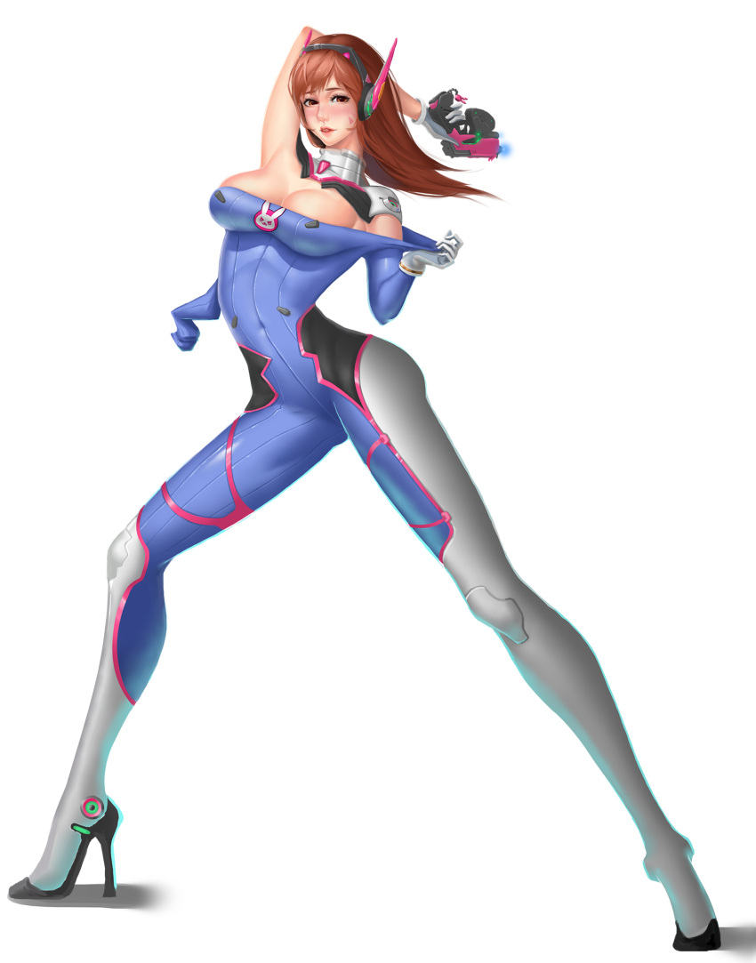 1girl animal_print arm_behind_head arm_up bangs blue_bodysuit blush bodysuit boots breasts brown_eyes brown_hair bunny_print charm_(object) cleavage covered_navel d.va_(overwatch) facepaint facial_mark full_body gloves gun handgun headphones high_collar high_heel_boots high_heels highres holding holding_gun holding_weapon legs_apart lico_cheng long_hair long_legs looking_at_viewer medium_breasts naughty_face overwatch parted_lips pilot_suit pink_lips pistol ribbed_bodysuit shoulder_pads simple_background skin_tight solo standing swept_bangs tongue tongue_out undressing weapon whisker_markings white_background white_boots white_gloves
