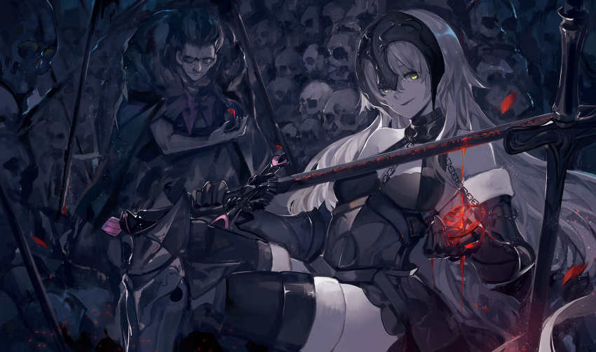 1girl armor bangs black_legwear caster_(fate/zero) fate/grand_order fate_(series) fur_trim gauntlets gilles_de_rais_(fate/grand_order) grey_hair headpiece highres holding holding_sword holding_weapon jeanne_alter looking_at_viewer parted_lips petals ruler_(fate/apocrypha) saberiii sitting skull smile solo_focus sword thigh-highs weapon yellow_eyes