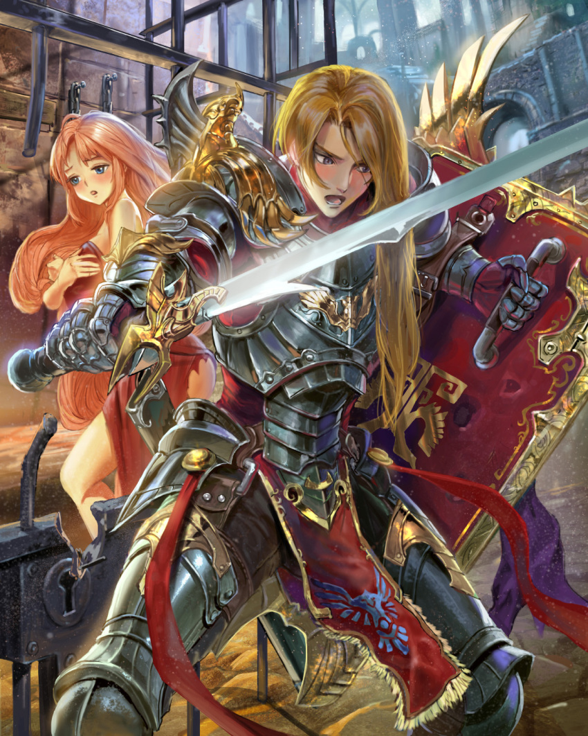 1boy 1girl :o armor bare_shoulders blonde_hair blue_eyes blush breastplate broken cage covering covering_breasts gauntlets ggozira highres holding holding_shield holding_sword holding_weapon inside lock long_hair pink_hair shield standing sword tenkuu_no_crystalia torn_clothes very_long_hair weapon