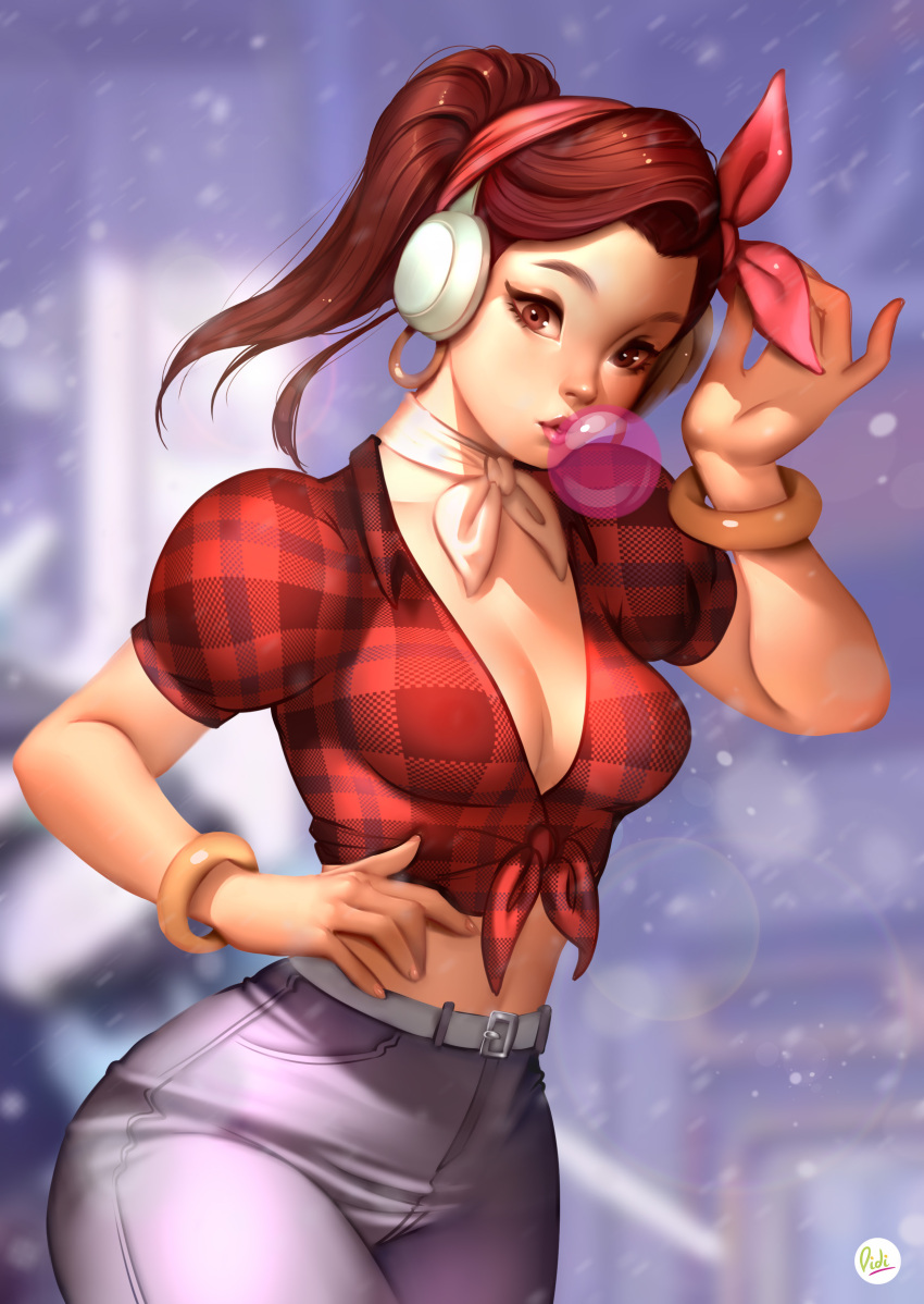 1girl absurdres alternate_costume artist_name bangle bangs belt blue_pants blurry blurry_background bracelet breasts brown_eyes brown_hair bubble_blowing chewing_gum cleavage collarbone cowboy_shot cruiser_d.va d.va_(overwatch) day didi_esmeralda earrings front-tie_top grey_choker hair_scarf headphones highres hoop_earrings jewelry long_hair looking_at_viewer mecha medium_breasts meka_(overwatch) nose outdoors overwatch pants pink_lips plaid plaid_shirt ponytail puffy_short_sleeves puffy_sleeves red_shirt shirt short_sleeves signature snowing solo swept_bangs tight tight_pants