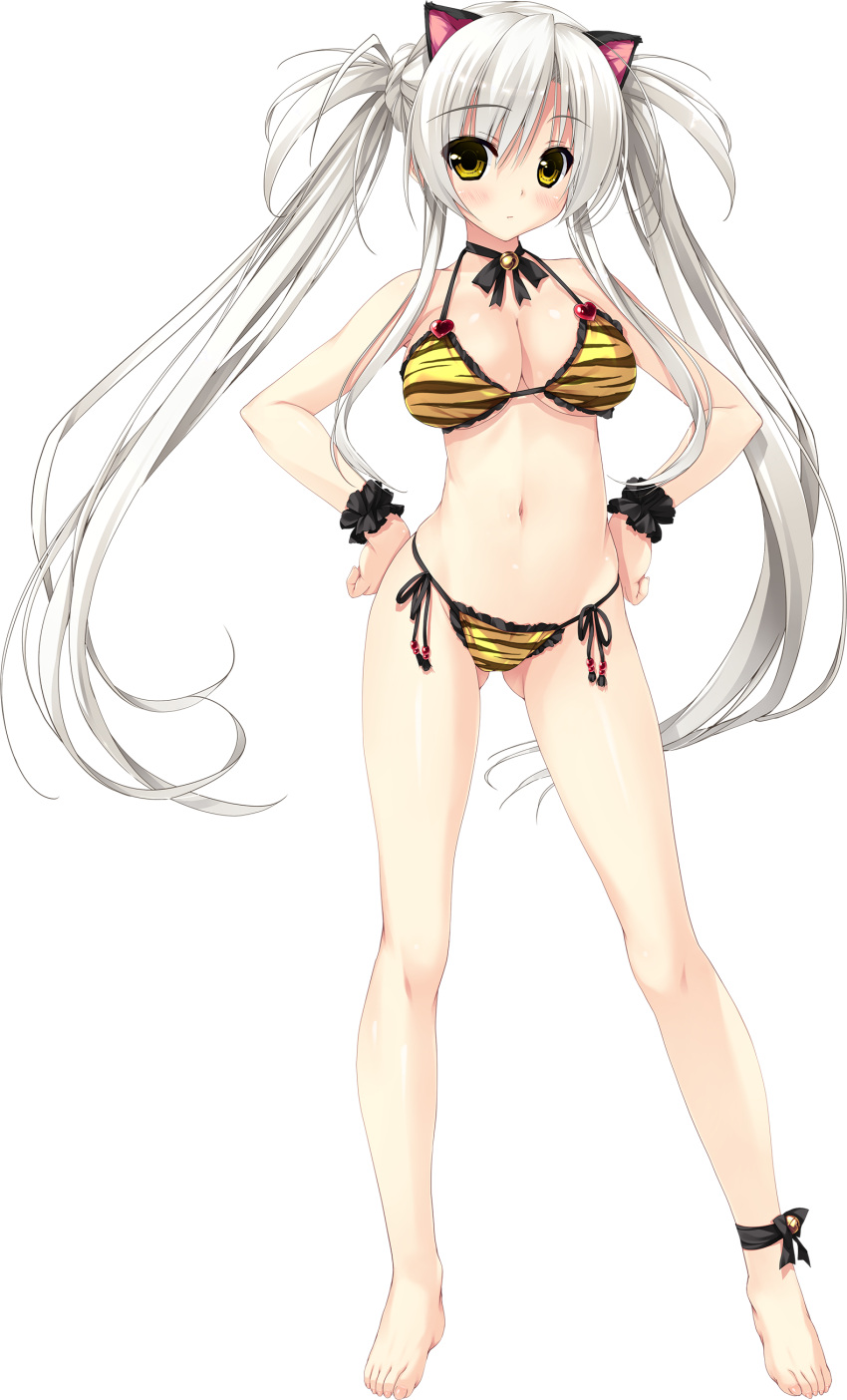 1girl absurdres animal_ears ankle_ribbon bangs bare_shoulders barefoot bell bikini breasts cat_ears choker cleavage collarbone eyebrows_visible_through_hair full_body gluteal_fold hands_on_hips haruru_minamo_ni! hatagami_mei highres large_breasts long_hair looking_away navel official_art ribbon ribbon_choker shintarou side-tie_bikini solo standing string_bikini swimsuit tiger_stripes transparent_background twintails white_hair wrist_cuffs yellow_eyes