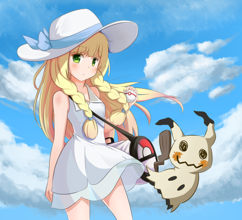 1girl bangs bare_shoulders blonde_hair blue_ribbon blue_sky blunt_bangs blush braid breasts closed_mouth clouds collared_dress cowboy_shot d_z day dress dress_lift eyebrows_visible_through_hair green_eyes hair_tie hat hat_ribbon highres holding holding_poke_ball lillie_(pokemon) long_hair looking_at_viewer mimikyu outdoors poke_ball pokemon pokemon_(creature) pokemon_(game) pokemon_sm premier_ball ribbon see-through sky sleeveless sleeveless_dress small_breasts standing sun_hat sundress twin_braids very_long_hair white_dress white_hat wind wind_lift