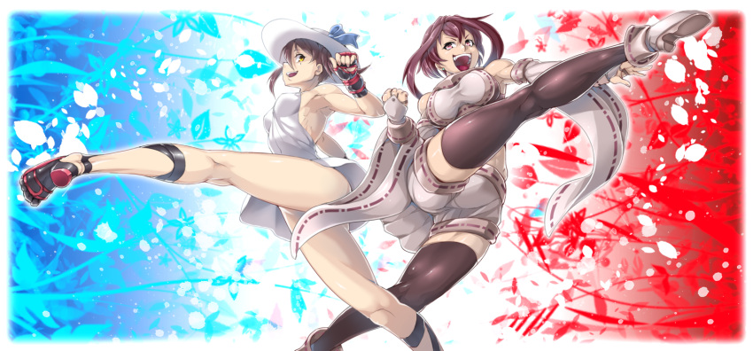 2girls armpits black_legwear breasts brown_hair detached_sleeves dress fingerless_gloves gloves hat highres japanese_clothes large_breasts looking_at_another mole mole_under_eye multiple_girls no_bra no_panties open_mouth original ouka_(oukakaka) pixiv_fantasia pixiv_fantasia_t red_eyes short_hair shorts smile sun_hat sundress thigh-highs thighs wide_sleeves yellow_eyes