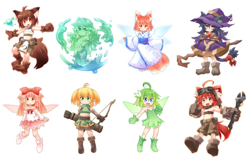 6+girls :d ahoge animal_ears arrow bare_shoulders bell belt_pouch beltbra black_hair blonde_hair blue_eyes boots bow bow_(weapon) brown_eyes brown_hair crop_top detached_sleeves dress elf fairy fairy_wings fang flat_chest fox_ears fox_tail gloves goggles goggles_on_head goo_girl green_dress green_eyes green_hair hair_bow hat japanese_clothes jingle_bell kimono kso long_hair looking_at_viewer midriff monster_girl multiple_girls navel open_mouth orange_eyes original paws pointy_ears quiver red_eyes redhead ribbon short_hair shorts simple_background smile staff tail tail_bell tail_ribbon twintails weapon white_background wings witch witch_hat wolf_ears wolf_tail wrench