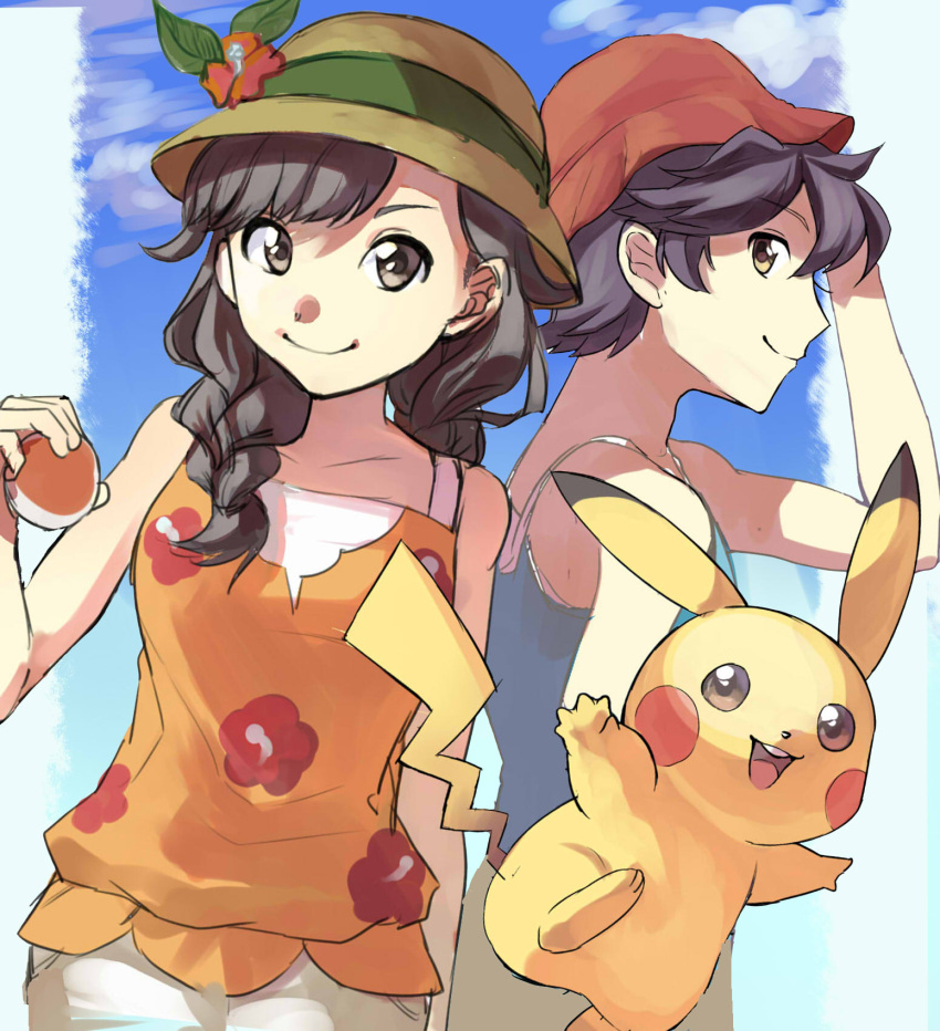 1boy 1girl bare_shoulders black_hair blue_sky braid bucket_hat closed_mouth clouds cloudy_sky day eyebrows female_protagonist_(pokemon_ultra_sm) flat_chest flower from_side hair_between_eyes hair_flaps hand_on_own_head hat highres holding long_hair looking_at_viewer looking_to_the_side male_protagonist_(pokemon_ultra_sm) open_eyes orange_shirt pikachu poke_ball pokemon pokemon_(game) pokemon_ultra_sm shirt short_hair shorts simple_background sky sleeveless sleeveless_shirt smile standing tank_top upper_body white_shirt white_shorts yu_(mekeneko1998)