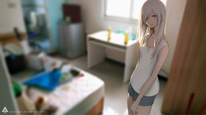 1girl bare_arms bare_shoulders black_eyes blurry breasts collarbone cowboy_shot depth_of_field hair_over_one_eye indoors long_hair looking_at_viewer oopartz_yang original parted_lips short_shorts shorts small_breasts solo tank_top white_hair