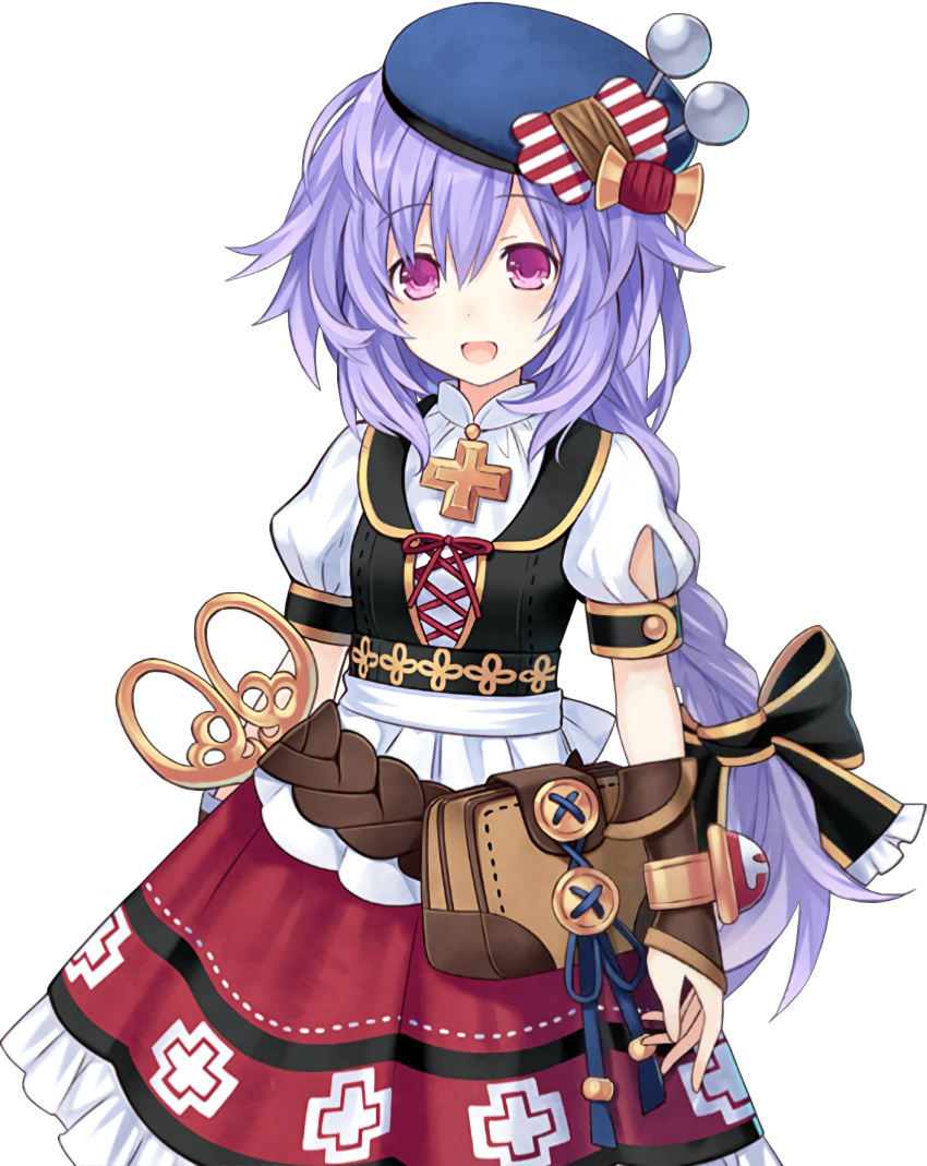 1girl bag bangs beret bow bowtie braid bridal_gauntlets dress eyebrows_visible_through_hair four_goddesses_online:_cyber_dimension_neptune hat highres lavender_hair long_hair looking_at_viewer neptune_(series) official_art open_mouth pururut short_sleeves single_braid smile solo transparent_background tsunako violet_eyes