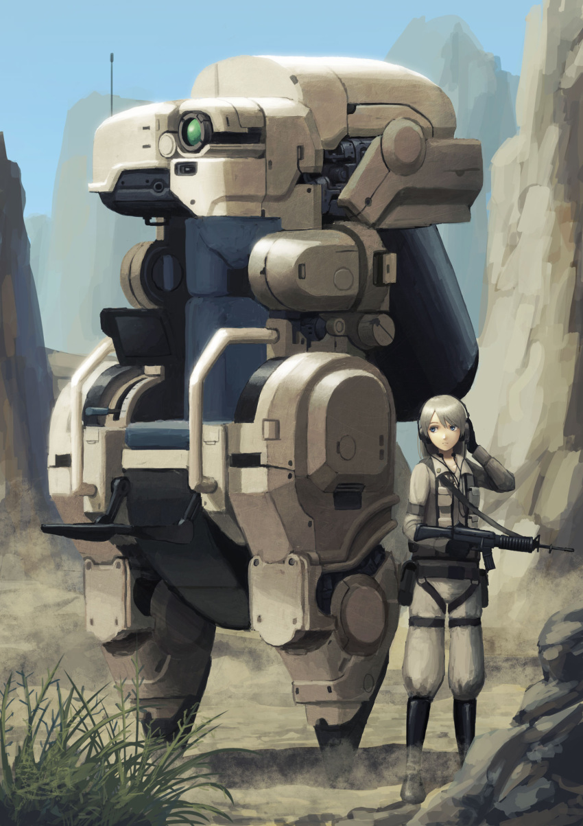 1girl absurdres adjusting_headset belt black_boots black_gloves blue_eyes boots collarbone desert gloves grey_hair gun headset highres holding holding_gun holding_weapon looking_away mecha original plant rifle rock t@kuyoa weapon