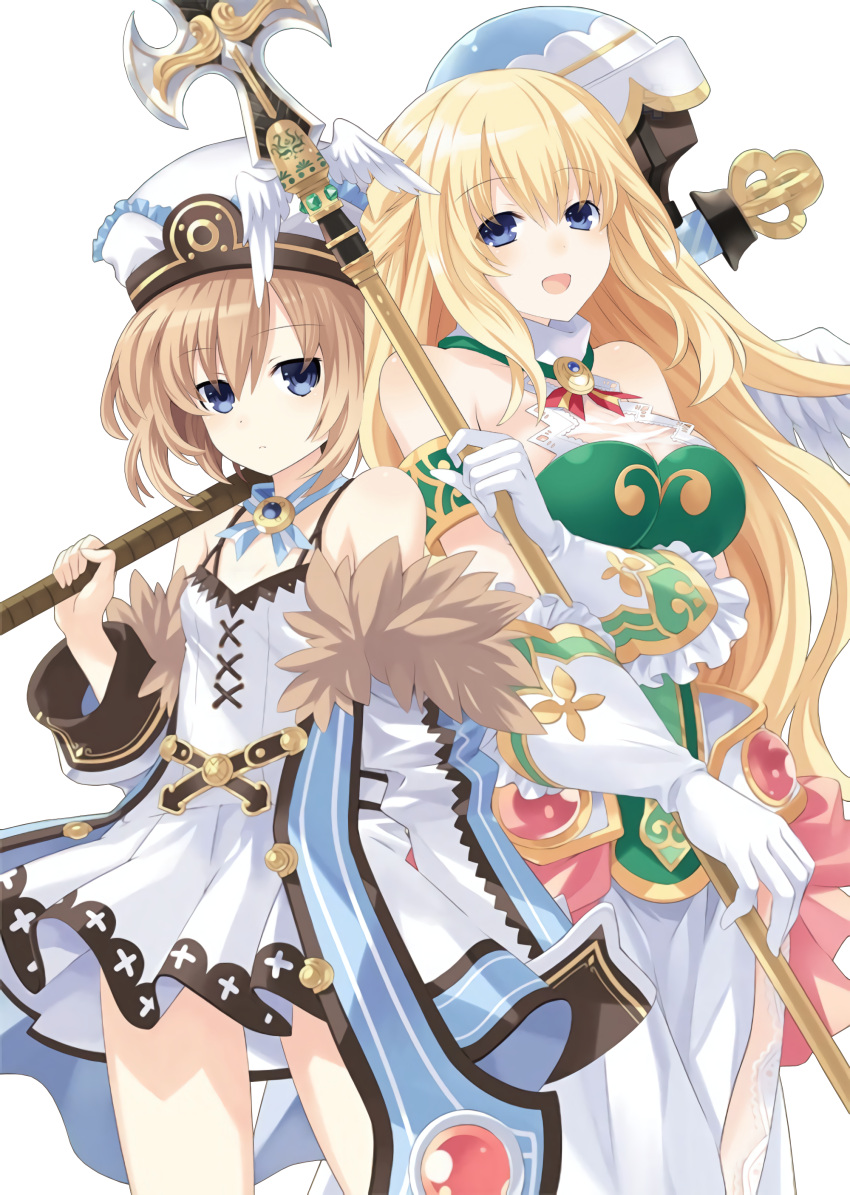 2girls absurdres bare_shoulders blanc blonde_hair blue_eyes breasts brown_hair cleavage cover fur_trim hammer hat highres large_breasts long_hair looking_at_viewer multiple_girls neptune_(series) official_art open_mouth polearm short_hair smile spear tsunako vert weapon
