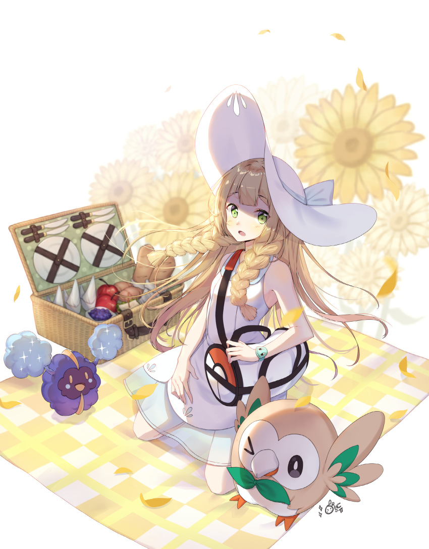 &gt;_o 1girl :d absurdres aeng_dyu apple bag bangs bare_shoulders blonde_hair blue_ribbon blueberry blunt_bangs blush braid bread breasts collared_dress cosmog dress duffel_bag eyebrows_visible_through_hair flower food fruit full_body green_eyes hand_on_own_leg hat hat_ribbon highres knife lillie_(pokemon) long_hair looking_at_viewer napkin one_eye_closed open_mouth petals picnic picnic_basket plaid plate poke_ball_theme pokemon pokemon_(creature) pokemon_(game) pokemon_sm ribbon rowlet sandwich see-through signature sitting sleeveless sleeveless_dress small_breasts smile sun_hat sundress sunflower twin_braids wariza white_background white_dress white_hat wristband