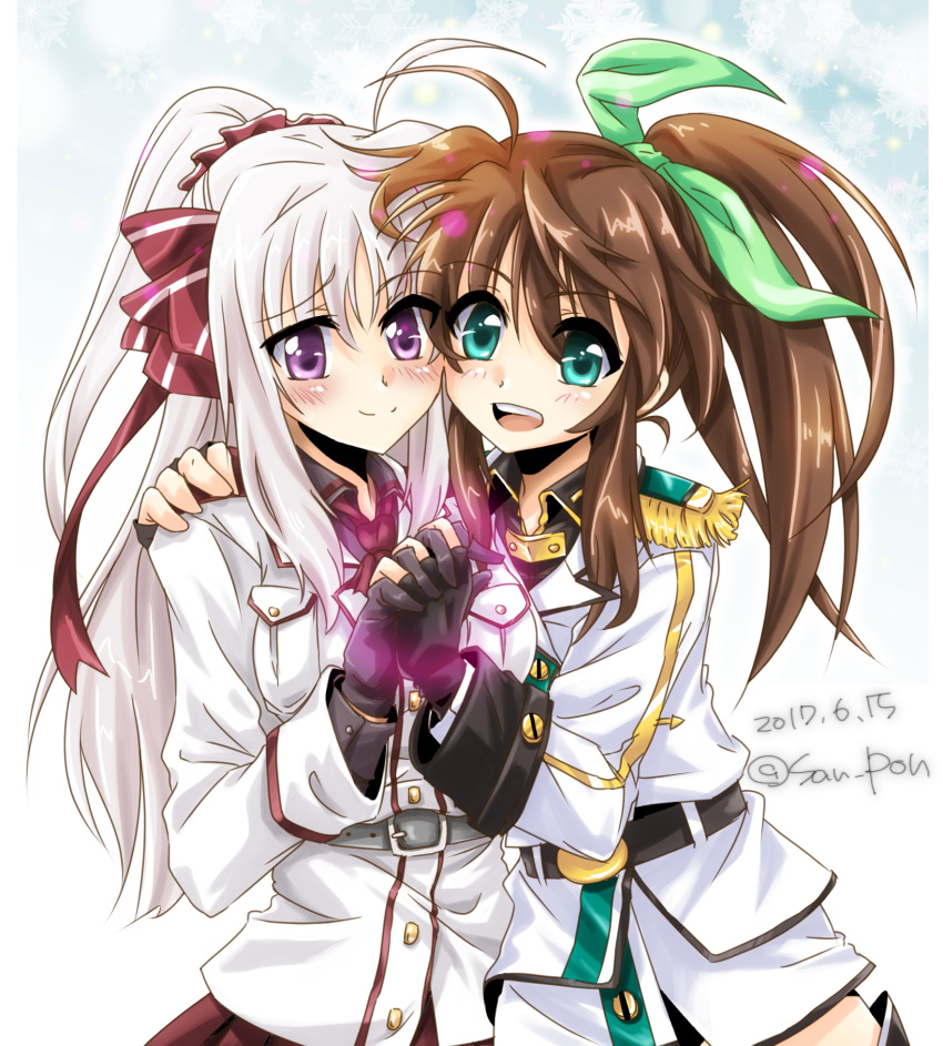 2girls ahoge artist_name belt black_gloves blush bow brown_hair buttons dasuto dated epaulettes fingerless_gloves fringe fuuka_reventon gloves green_eyes hair_bow hair_ribbon hand_on_another's_shoulder highres jacket long_hair long_sleeves looking_at_viewer lyrical_nanoha military military_uniform multiple_girls open_mouth ponytail ribbon rinne_berlinetta shiny shiny_hair signature smile teeth uniform upper_body violet_eyes vivid_strike! white_hair