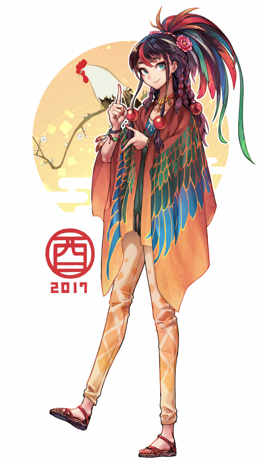 1girl 2017 aqua_eyes black_hair bracelet choker closed_mouth feathers flower full_body hair_flower hair_ornament headdress highres jewelry long_hair looking_at_viewer multicolored_hair nail_polish native_american native_american_headdress oopartz_yang original poncho red_nails redhead sandals smile solo streaked_hair two-tone_hair