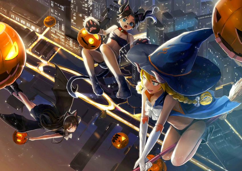 3girls animal_ears bat_wings bell bell_collar black_hair blonde_hair blue_eyes blue_hat blush bow breasts broom broom_riding cat_ears cat_paws cat_tail city_lights cityscape cleavage collar elbow_gloves eyebrows_visible_through_hair fake_animal_ears fang flying gloves hairband halloween hat highres horns jack-o'-lantern large_breasts long_hair looking_at_another looking_away multiple_girls open_mouth original paws pine_(yellowpine112) pumpkin red_eyes short_hair smile tail teeth thong white_bow white_gloves wings witch_hat