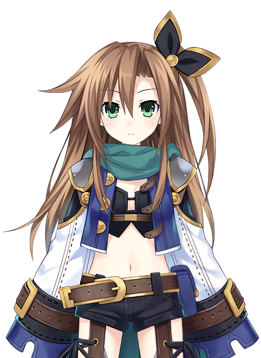 bangs belt belt_pouch bow breasts brown_hair detached_sleeves eyebrows_visible_through_hair four_goddesses_online:_cyber_dimension_neptune green_eyes green_scarf hair_bow hair_ornament highres if_(choujigen_game_neptune) jacket long_hair long_sleeves looking_at_viewer midriff navel official_art open_clothes open_jacket scarf side_ponytail small_breasts solo standing transparent_background tsunako