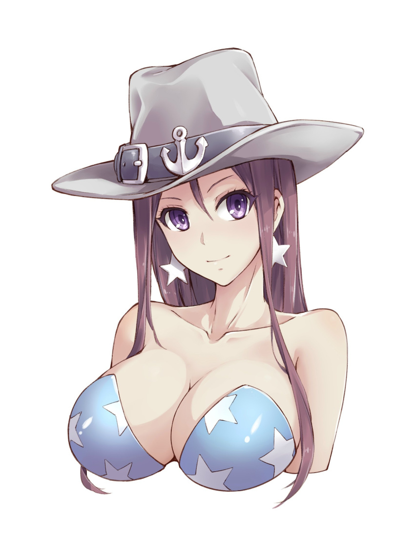 1girl a4typhoon anchor_symbol bare_shoulders breasts cleavage closed_mouth collarbone cowboy_hat earrings grey_hat hair_between_eyes hat hat_belt highres jewelry large_breasts long_hair looking_at_viewer portrait purple_hair sleeveless smile star star_earrings star_print strapless tuscaloosa_(zhan_jian_shao_nyu) violet_eyes white_background zhan_jian_shao_nyu