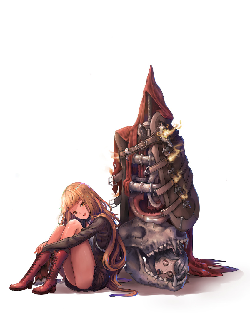 1girl absurdres blonde_hair boots doll fangs full_body highres leg_hug little_red_riding_hood_(sinoalice) long_hair long_sleeves looking_at_viewer nekojira open_mouth shiny shiny_hair shiny_skin sinoalice sitting skirt skull smile solo teeth white_background yellow_eyes