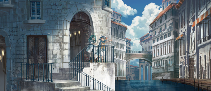 2girls absurdres blue_hair blush candle door green_hair grey_eyes highres july_(shichigatsu) looking_at_another looking_away multiple_girls open_mouth original railing river smile stairs yellow_eyes