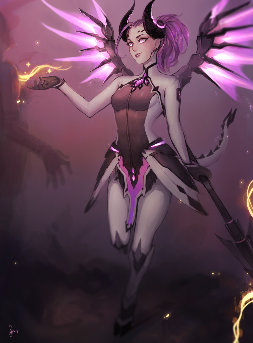 1girl absurdres alternate_costume artist_name bodysuit breasts dark_persona demon_horns emblem energy_beam facial_mark faulds forehead_mark full_body glowing glowing_wings high_ponytail highres holding holding_staff hoof_shoes horns imp_mercy lipstick looking_at_another makeup making_of matilda_vin mechanical_wings mercy_(overwatch) overwatch parted_lips patch pelvic_curtain pink_lips purple_background purple_hair purple_lipstick purple_wings signature small_breasts smile solo_focus spread_wings staff violet_eyes wings