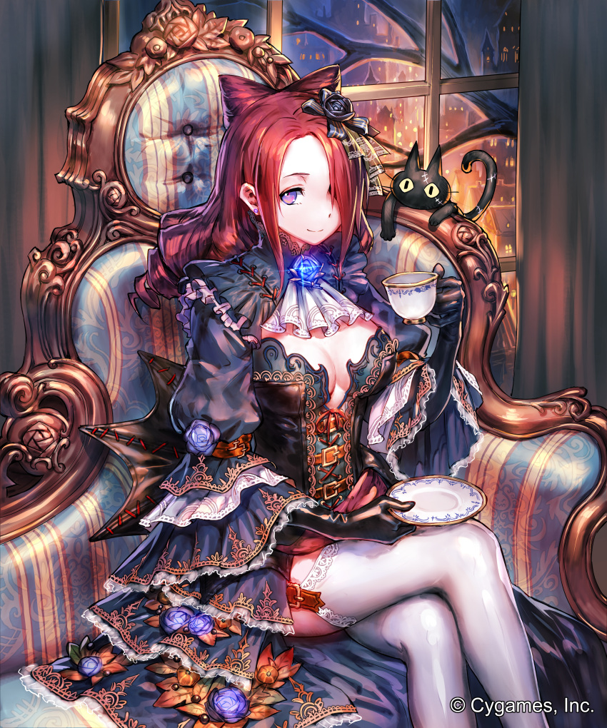 1girl absurdres bare_tree black_gloves black_shirt breasts brown_hair cat ceres_(shingeki_no_bahamut) chaise_longue closed_mouth company_name cup drill_hair earrings flower gloves hair_flower hair_ornament highres holding jewelry large_breasts legs_crossed looking_at_viewer night official_art okada_manabi purple_rose rose saucer shingeki_no_bahamut shirt sitting smile teacup thigh-highs tree violet_eyes watermark white_legwear wide_sleeves window yellow_sclera |_|