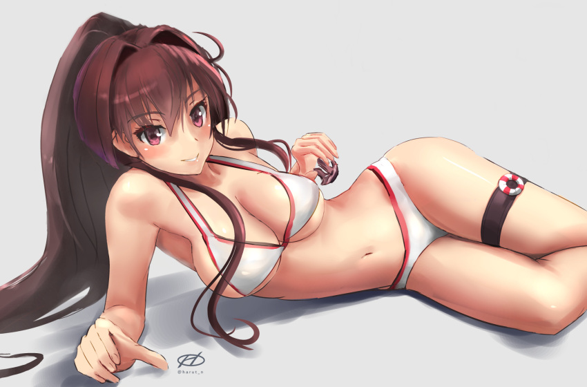 1girl alternate_costume bikini breasts brown_hair cleavage grey_background hair_between_eyes haruto_(harut_n) highres kantai_collection large_breasts long_hair looking_at_viewer lying navel on_side parted_lips ponytail shadow simple_background smile solo swimsuit violet_eyes white_bikini yamato_(kantai_collection)