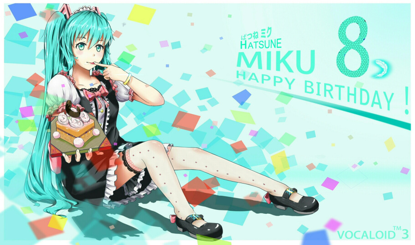 1girl aqua_eyes aqua_hair blush cake character_name english finger_licking food frilled_sleeves frills hair_between_eyes happy_birthday hatsune_miku highres lace lace-trimmed_thighhighs licking long_hair long_twintails luomo mary_janes outstretched_arm shoes sitting solo spread_legs thigh-highs thighs twintails vocaloid