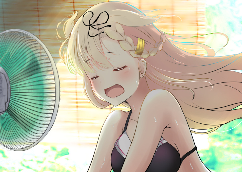 1girl amagami_(makise_tsubaki) bangs bare_shoulders black_bikini_top black_ribbon blonde_hair blush braid breasts closed_eyes commentary_request electric_fan eyebrows_visible_through_hair hair_ornament hairclip hot kantai_collection long_hair medium_breasts open_mouth ribbon side_braid solo sweat upper_body wind wind_lift yuudachi_(kantai_collection)