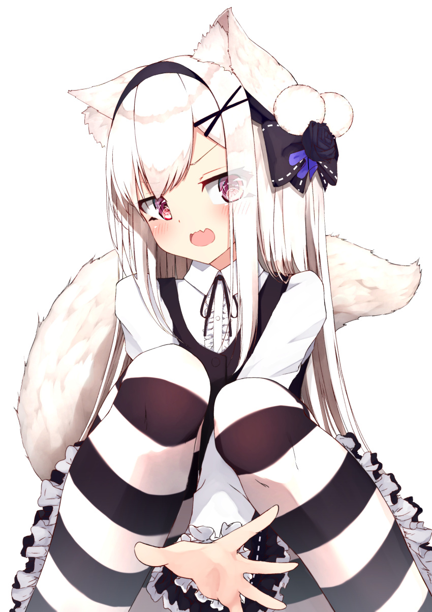 1girl absurdres animal_ears bangs between_legs black_bow black_flower black_hairband black_ribbon black_rose black_skirt black_vest blush bow center_frills collared_shirt commentary_request eyebrows_visible_through_hair eyes_visible_through_hair fang flower fox_ears fox_girl fox_tail frilled_skirt frills hair_bow hair_ornament hair_over_one_eye hairband hand_between_legs head_tilt highres knees_together_feet_apart knees_up long_hair long_sleeves looking_at_viewer mayogii neck_ribbon open_mouth original red_eyes ribbon ribbon-trimmed_bow ribbon-trimmed_sleeves ribbon_trim rose shirt simple_background sitting skirt solo striped striped_legwear tail thigh-highs v-shaped_eyebrows very_long_hair vest white_background white_hair white_shirt x_hair_ornament