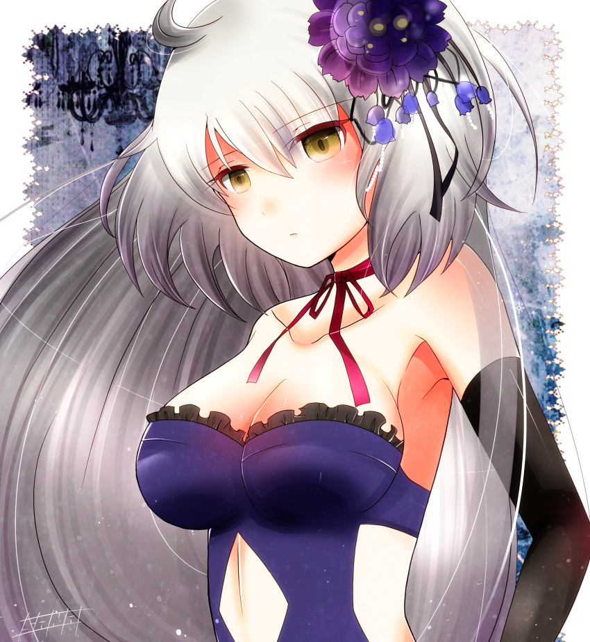 1girl absurdres ahoge blush breasts choker cleavage dress elbow_gloves fate/grand_order fate_(series) flower gloves grey_hair hair_flower hair_ornament highres jeanne_alter long_hair medium_breasts navel_cutout ribbon_choker ruler_(fate/apocrypha) sana_hamada side_cutout solo strapless strapless_dress yellow_eyes